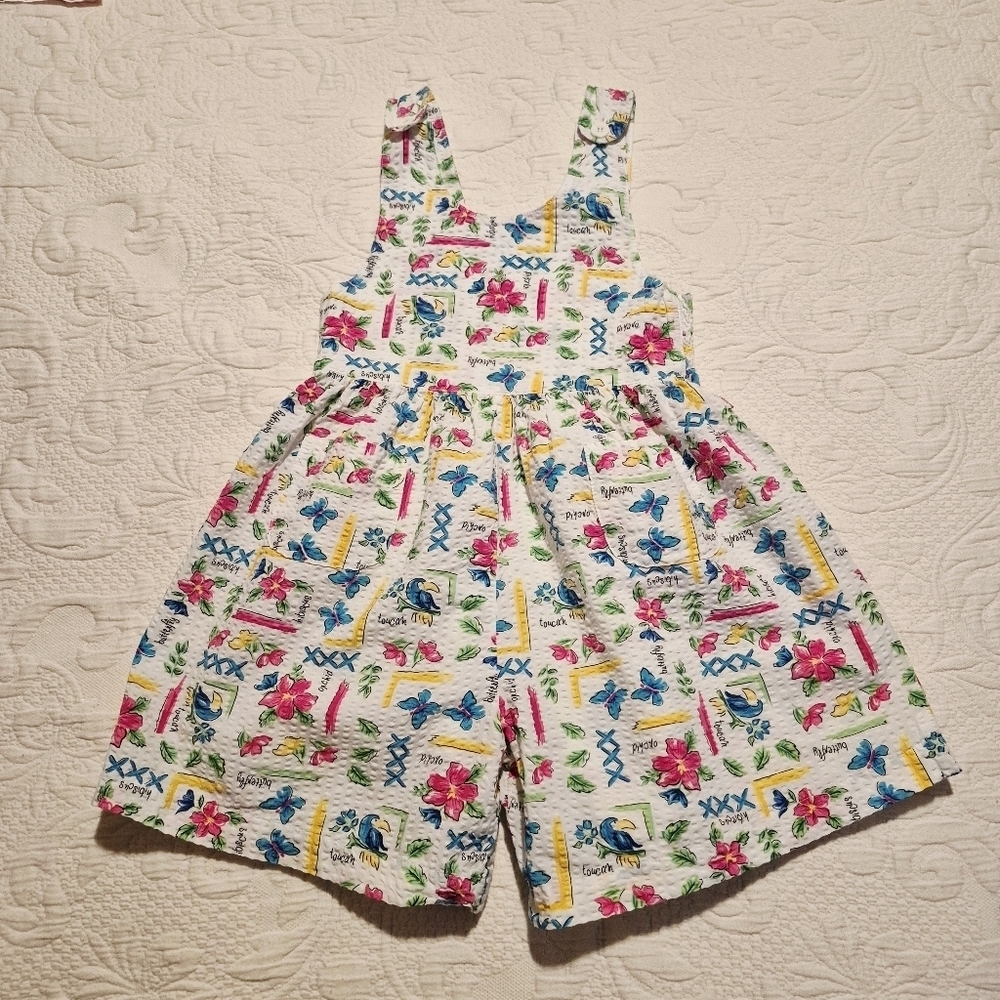 Oshkosh B'Gosh girls size 6 seersucker shortall floral butterfly toucan EUC